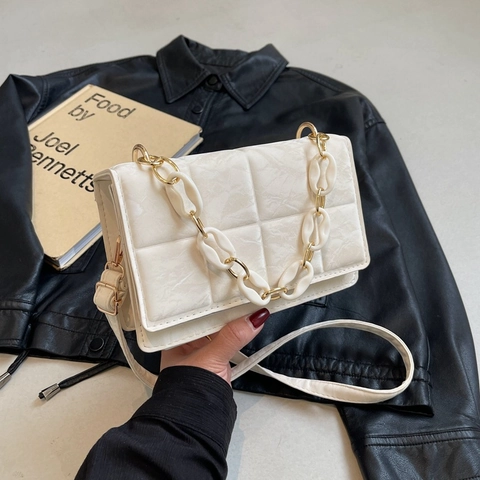 Petit Sac Carré Matelassé à la Mode pour Femme Sac à Bandoulière en Cuir PU avec Chaîne Minimaliste Élégant Polyvalent Quotidien