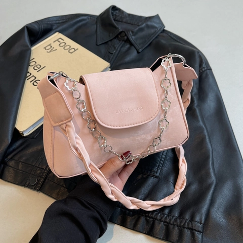 Fashion PU Leather Flower Chain Shoulder Bag For Women 2024 New Solid Color Crossbody Underarm Bag Simple Flap Small Square Purse