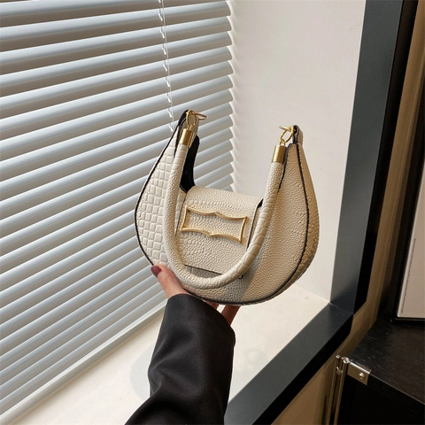 Women Fashion Crocodile Embossed Hobo Shoulder Bag Elegant Crescent Half Moon PU Leather Handbag With Gold Buckle Underarm Bag