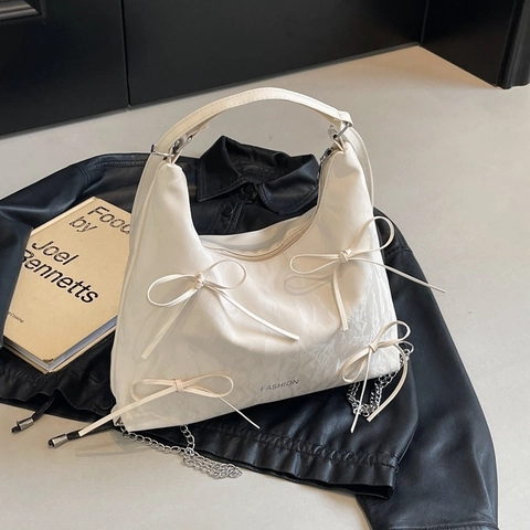 Fashion Bowknot Hobo Bag For Women Wrinkled PU Leather Underarm Tote Bag Stylish Korean Shoulder Handbag With Metal Chain Strap