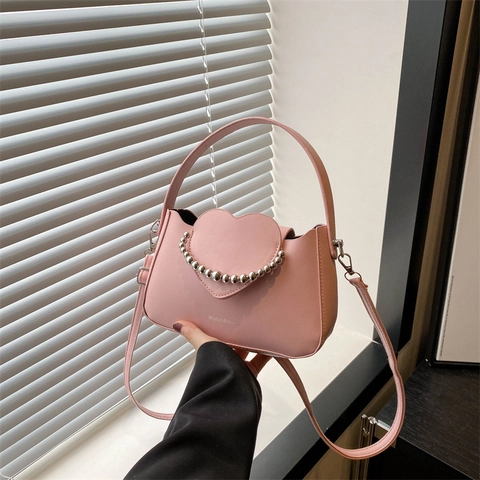 Mode Damen Herzförmige Klappe Umhängetasche PU Leder Perlen Dekor Umhängetasche Kleine Quadratische Handtasche Elegante Tasche