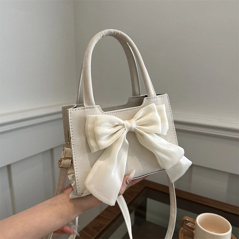 Women Fashion PU Leather Handbag With Large Satin Bow Sweet Small Square Shoulder Bag Adjustable Strap Elegant Tote Bag