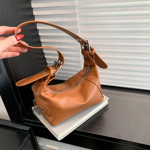 Bolso Hobo Minimalista de Cuero PU para Mujer Color Sólido Bolso de Hombro de Axila Correa Ancha Ajustable Hebilla de Plata