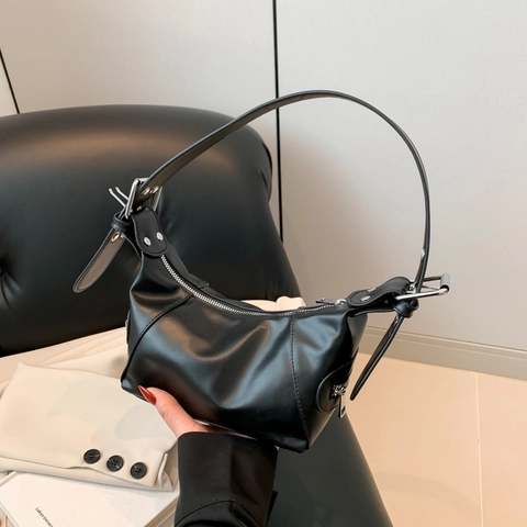 Bolso Hobo Minimalista de Cuero PU para Mujer Color Sólido Bolso de Hombro de Axila Correa Ancha Ajustable Hebilla de Plata