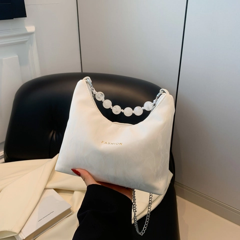 Borsa a Tracolla da Donna in PU Increspato con Perle e Catena in Metallo Borsa a Mezzaluna a Tracolla per Uso Quotidiano