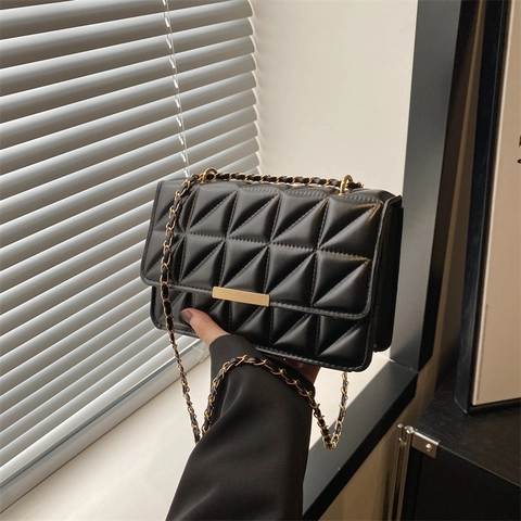Elegante Borsa a Tracolla in Pelle PU Trapuntata da Donna Piccola Borsa a Spalla Quadrata con Tracolla a Catena Dorata