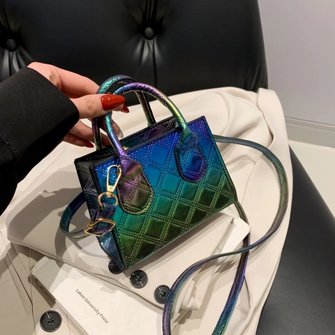 Damen Mode Mini Irisierende Gesteppte Handtasche Laser Rautenmuster Schulter Umhängetasche Gold Silber Rosa Blau