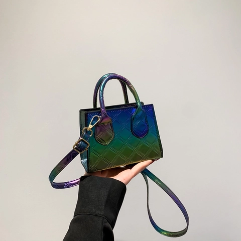 Damen Irrisierende Rautensteppung Mini Handtasche Mode PU Leder Umhängetasche Modische Farbverlauf Quadratische Umhängetasche Henkeltasche