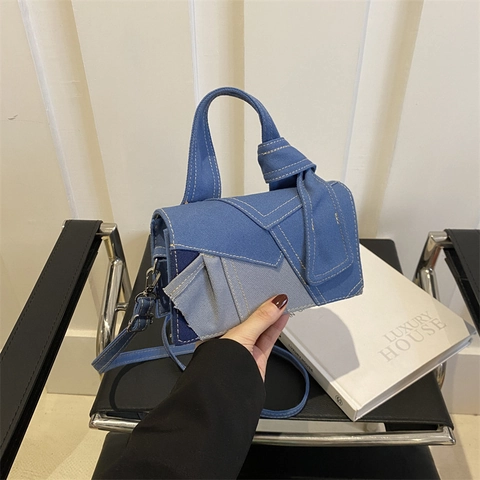 Women Denim Canvas Crossbody Shoulder Bag Contrast Stitching Patchwork Knot Handle Geometric Trendy Daily Commuting Handbag