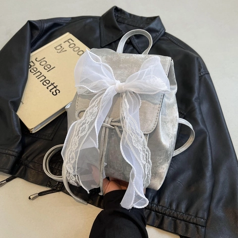Women Mini Backpack PU Leather White Lace Bow Korean Style Sweet Drawstring Daypack Fashion Travel Rucksack Bag For Girls