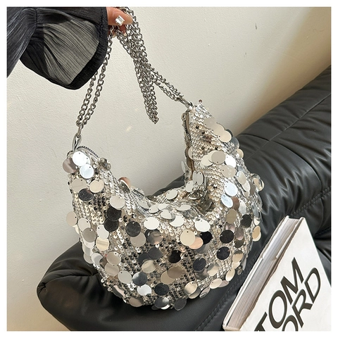 Borsa Hobo Mezzaluna con Paillettes Moda Donna Borsa a Tracolla Lucida in Velluto di Lusso con Catena in Metallo per Feste