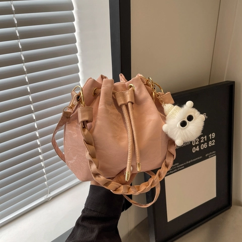 Women Korean Style PU Leather Drawstring Bucket Bag Pleated Texture Braided Handle Crossbody Bag With Cute Monster Charm