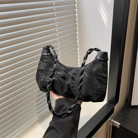 Damen Falten Achseltasche Geflochtener Riemen Halbmond Hobo Schultertasche PU Leder Lässige Ruched Dumpling Tasche Stilvolle Tasche