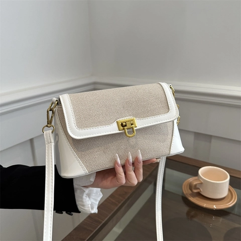 Bolso Bandolera Cuadrado de Moda para Mujer Patchwork Cuero PU Tela Bolso de Hombro Con Cierre de Metal Correa Ajustable Bolso Casual Street