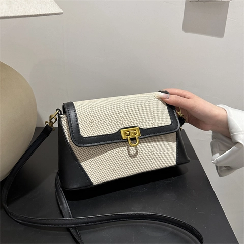 Bolso Bandolera Cuadrado de Moda para Mujer Patchwork Cuero PU Tela Bolso de Hombro Con Cierre de Metal Correa Ajustable Bolso Casual Street