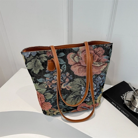 Retro Blumen Jacquard Tragetasche Für Damen Vintage Tapisserie Schultertasche Mit PU Ledergriff Große Kapazität Pendler Handtasche
