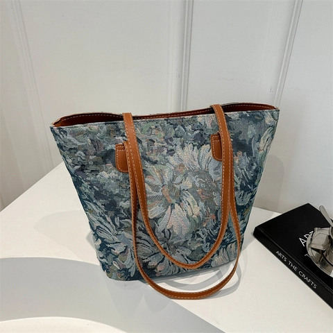 Retro Blumen Jacquard Tragetasche Für Damen Vintage Tapisserie Schultertasche Mit PU Ledergriff Große Kapazität Pendler Handtasche