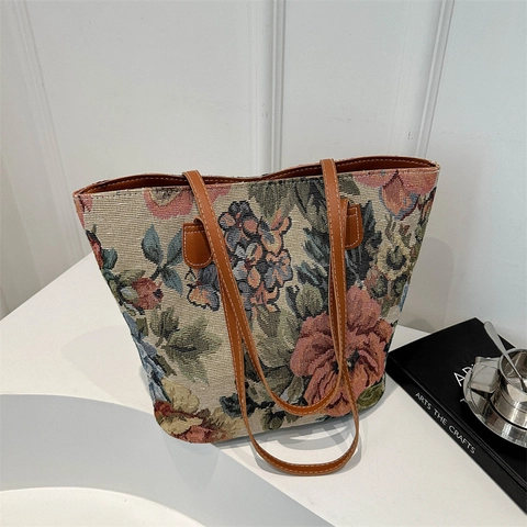 Vintage Blumen Jacquard Tapisserie Tragetasche Damen Nylon Schultertasche Ethno-Stil Große Einkaufstasche Mit Ledergriffen