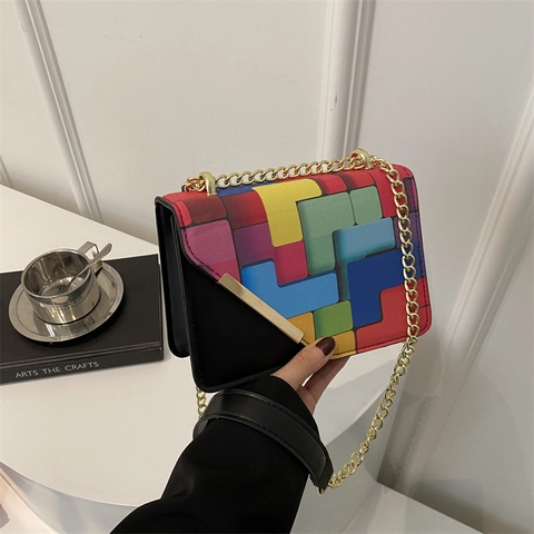 Trendy Color Block Geometric Pattern PU Leather Shoulder Bag For Women Fashion Chain Crossbody Small Square Bag Casual Handbag