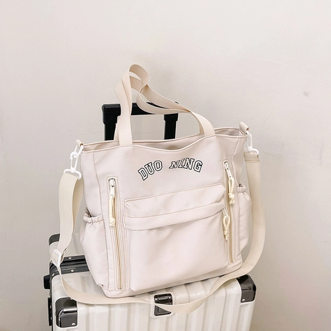 Borsa Tote in Tela da Donna a Grande Capacità Con Tasche Multiple Tracolla Casual Stampa di Lettere Scuola Viaggio