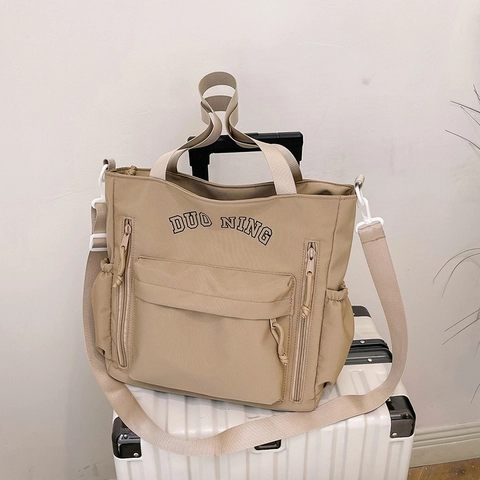 Women Large Capacity Canvas Tote Bag Multi-Pocket Shoulder Crossbody Bag Casual Letter Print School Travel Handbag