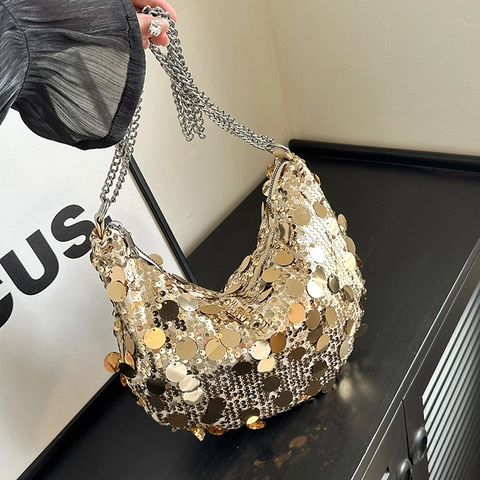 Modische Pailletten Unterarm Schultertasche Für Damen Glänzende Hobo Bag Mit Metallkette Halbmond Party Handtasche