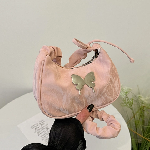 Sac à Épaule Plissé en Cuir PU pour Femmes Avec Papillon Métallique Sac Sous le Bras Y2K Couleur Unie
