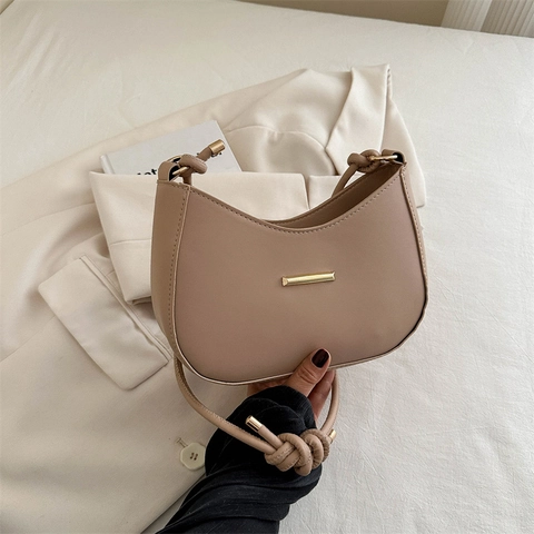 Women Minimalist PU Leather Crescent Underarm Bag Fashion Hobo Bag With Knotted Strap Gold Metal Decoration Small Tote Bag