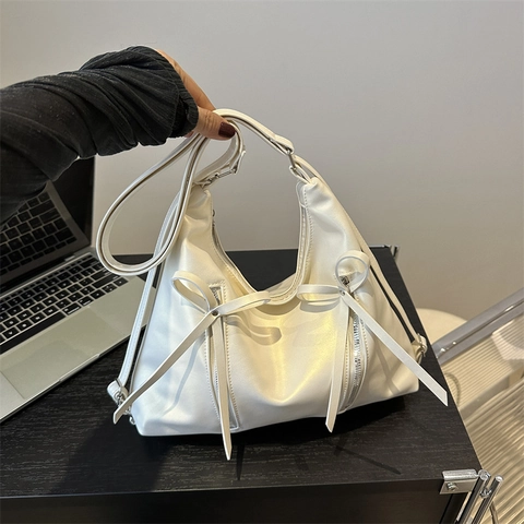 Mode Dames Strik Schoudertas PU Leer Hobo Tote Bag Zoete Koreaanse Stijl Oksel Tas Met Metalen Ritsen Voor Woon-werkverkeer