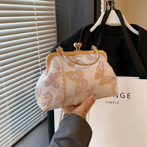 Bolso Bandolera de Satén Bordado con Mariposas Vintage con Cierre de Boquilla Cadena Bolso de Mano de Noche para Mujer
