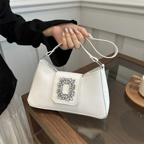Women Luxury Rhinestone Underarm Shoulder Bag PU Leather Baguette Square Buckle Fashion Niche Design Small Tote Handbag