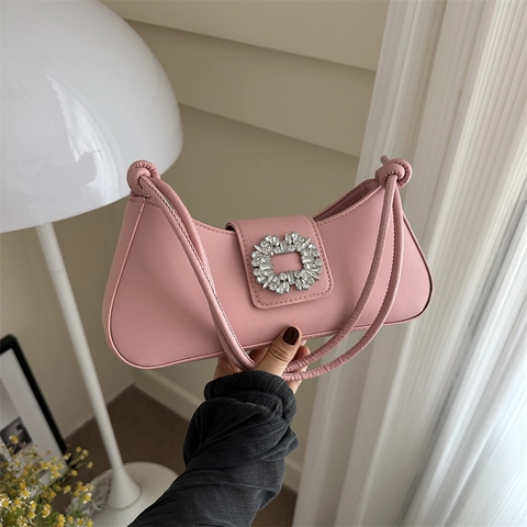 Women PU Leather Baguette Bag Elegant Rhinestone Square Buckle Underarm Shoulder Bag French Vintage Solid Color Daily Party Bag