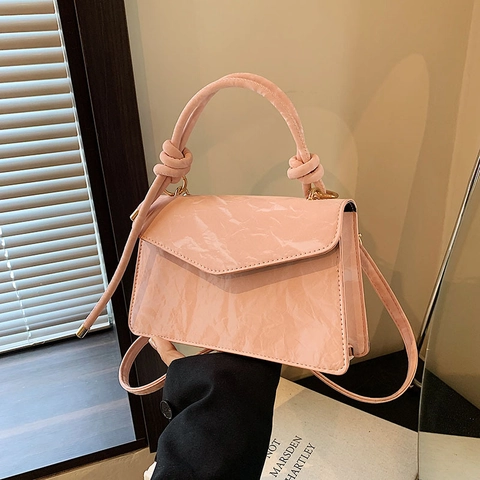 Women's Fashion Wrinkled PU Leather Handbag With Knot Handle Gold Metal Hardware Minimalist Crossbody Shoulder Bag
