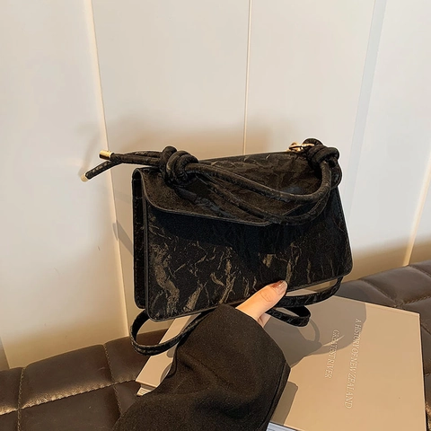 Women's Fashion Wrinkled PU Leather Handbag With Knot Handle Gold Metal Hardware Minimalist Crossbody Shoulder Bag
