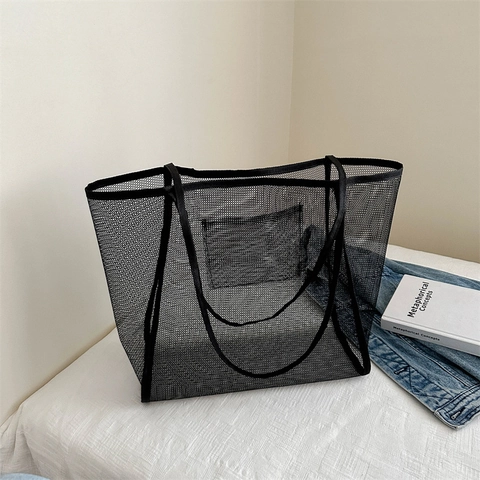 Women Casual Mesh Tote Bag Large Capacity Transparent Nylon Net Shoulder Bag For Beach Vacation Summer Travel Shopping
