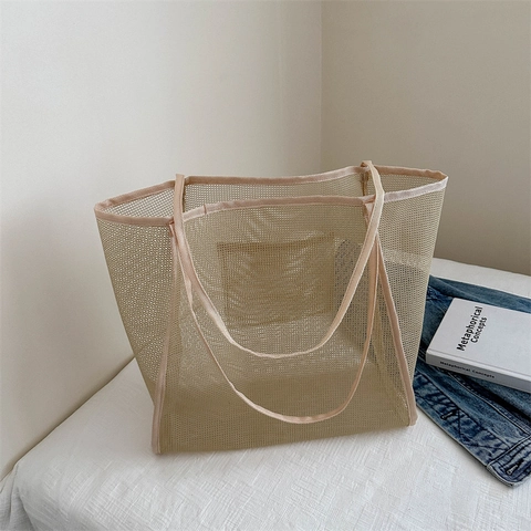 Women Casual Mesh Tote Bag Large Capacity Transparent Nylon Net Shoulder Bag For Beach Vacation Summer Travel Shopping