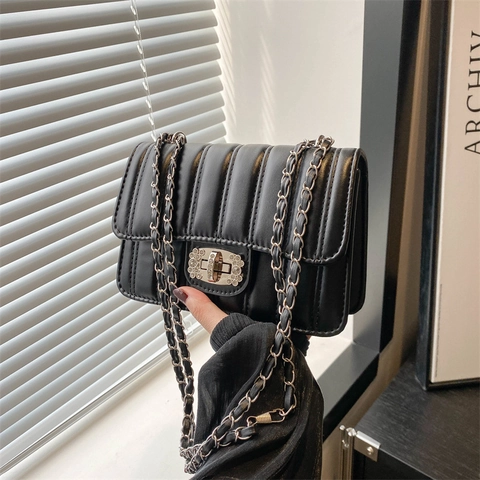 Women Quilted PU Leather Chain Square Bag Fashion Vertical Stripe Shoulder Bag With Rhinestone Lock Crossbody Handbag