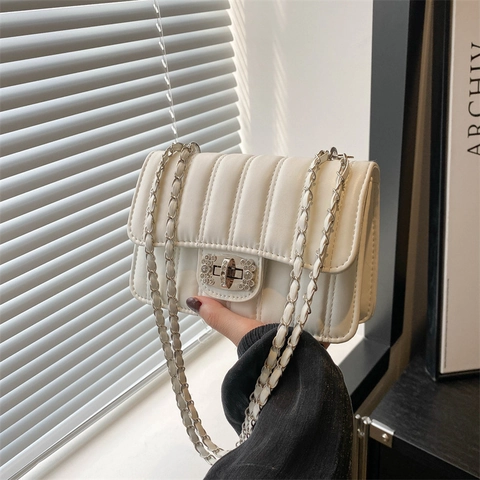 Women Quilted PU Leather Chain Square Bag Fashion Vertical Stripe Shoulder Bag With Rhinestone Lock Crossbody Handbag