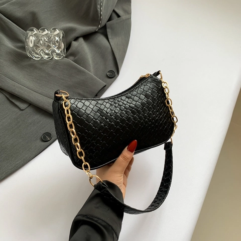 Damen Minimalistische PU Leder Gewebte Achseltasche Vintage Goldkette Baguette Schultertasche Für Tägliche Streetwear Mode