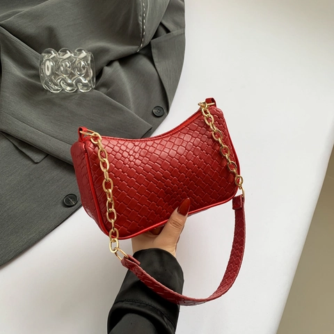 Damen Minimalistische PU Leder Gewebte Achseltasche Vintage Goldkette Baguette Schultertasche Für Tägliche Streetwear Mode