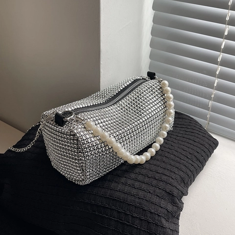 Women Fashion Rhinestone Pillow Crossbody Bag Luxury Pearl Chain Handbag Party Evening Bag Solid Color Small Square Bag