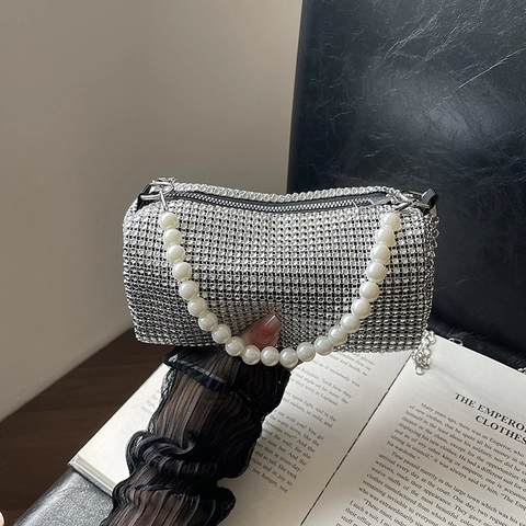 Women Fashion Rhinestone Pillow Crossbody Bag Luxury Pearl Chain Handbag Party Evening Bag Solid Color Small Square Bag