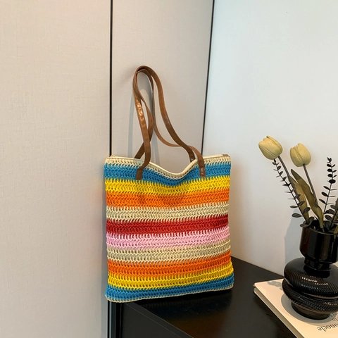 Summer Women Striped Straw Woven Tote Bag Large Capacity Shoulder Bag With Zipper Closure Contrast Color Casual Holiday Handbag
