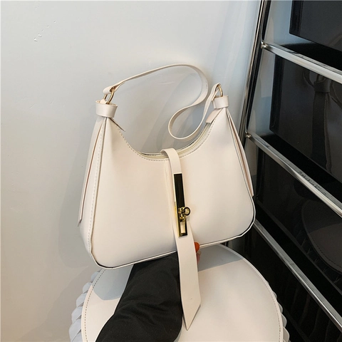 Bolso de Axila de Media Luna de Cuero PU Vintage Francés Para Mujer Bolso Hobo Minimalista Color Sólido Con Cierre de Metal