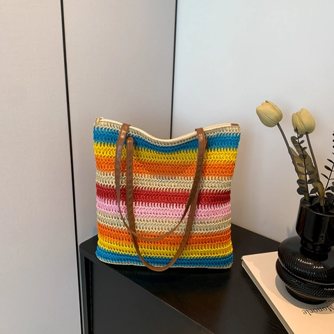 Women Striped Woven Tote Bag Large Capacity Rainbow Straw Shoulder Bag With PU Leather Strap Summer Beach Vacation Handbag
