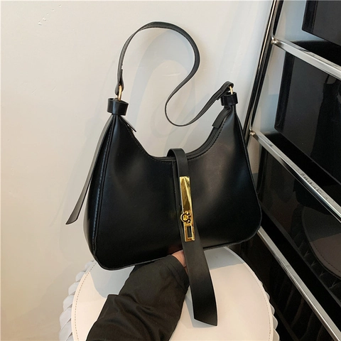 Bolso de Axila de Media Luna de Cuero PU Vintage Francés Para Mujer Bolso Hobo Minimalista Color Sólido Con Cierre de Metal
