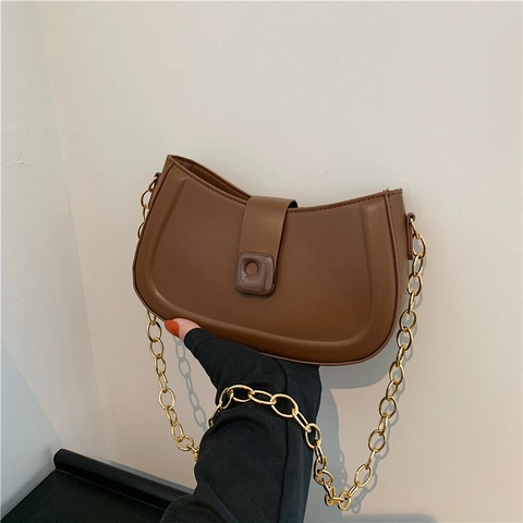 Women Minimalist PU Leather Underarm Bag Fashion Hobo Bag With Golden Chain Strap Versatile Half Moon Shoulder Bag Handbag