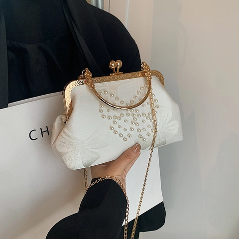 Sac de Soirée en Satin Vintage Motif Papillon et Cœur en Künstliche Perles Cadre en Métal Doré Chaîne Pochette Mariage Femmes