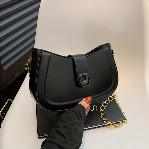 Women Minimalist PU Leather Underarm Bag Fashion Hobo Bag With Golden Chain Strap Versatile Half Moon Shoulder Bag Handbag