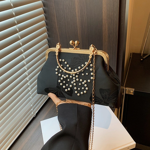 Sac de Soirée en Satin Vintage Motif Papillon et Cœur en Künstliche Perles Cadre en Métal Doré Chaîne Pochette Mariage Femmes